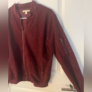 Burgundy Faux Suede Bomber Jacket
